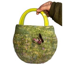VTG Y2K Green Wool Felt Handbag Butterfly Accent Lime Acrylic Handle Fashion Bag